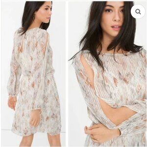 WHBM White/Gold/Silver Metallic Abstract Print Long Sleeve Knee Dress